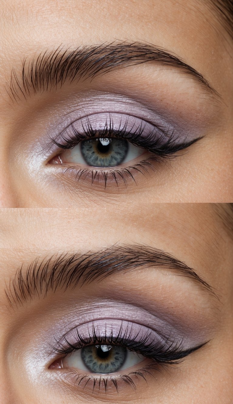 A close-up of a clean and organized makeup palette with a dusty lavender eyeliner and other neutral shades