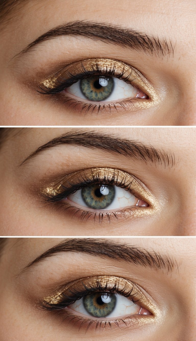 A close-up of an eye with neutral-toned eyeshadow and subtle gold accents, suitable for a professional office setting