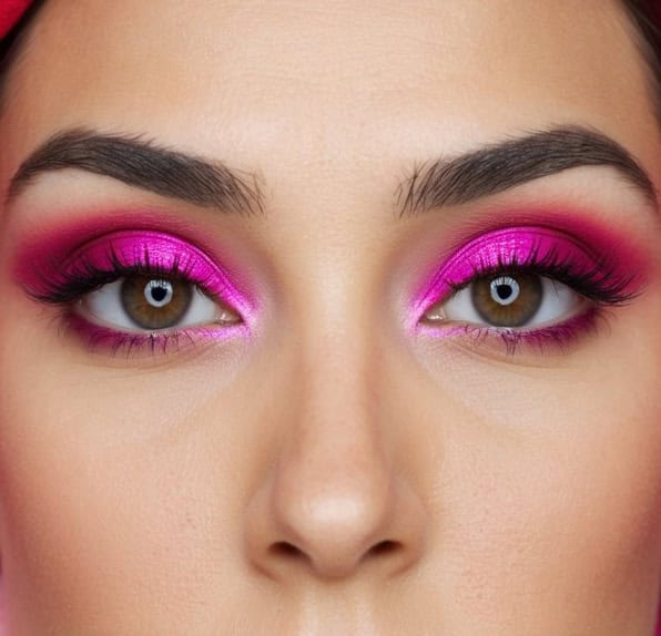 A pair of eyes with vibrant fuchsia eyeshadow