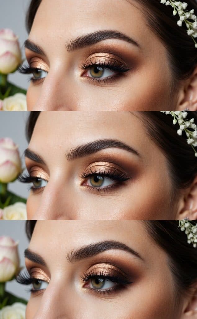 A bride with bronze eyeshadow and dark neutral tones, surrounded by wedding flowers and glowing in natural light