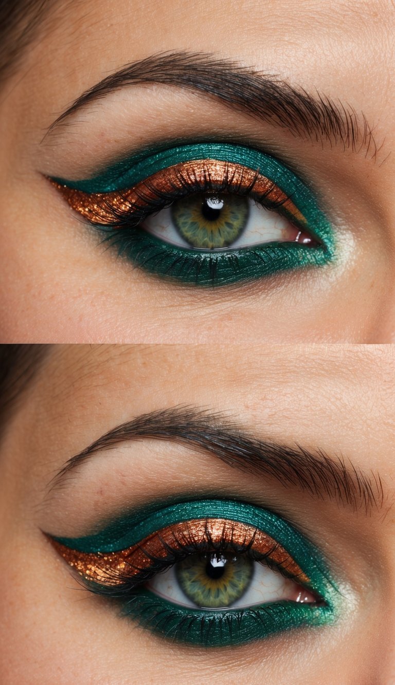 A close-up of a green eye with copper winged eyeliner and vibrant eyeshadow
