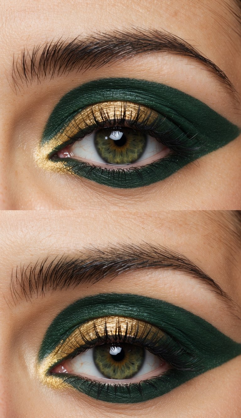 A close-up of a green eye with golden eyeshadow in the inner corner