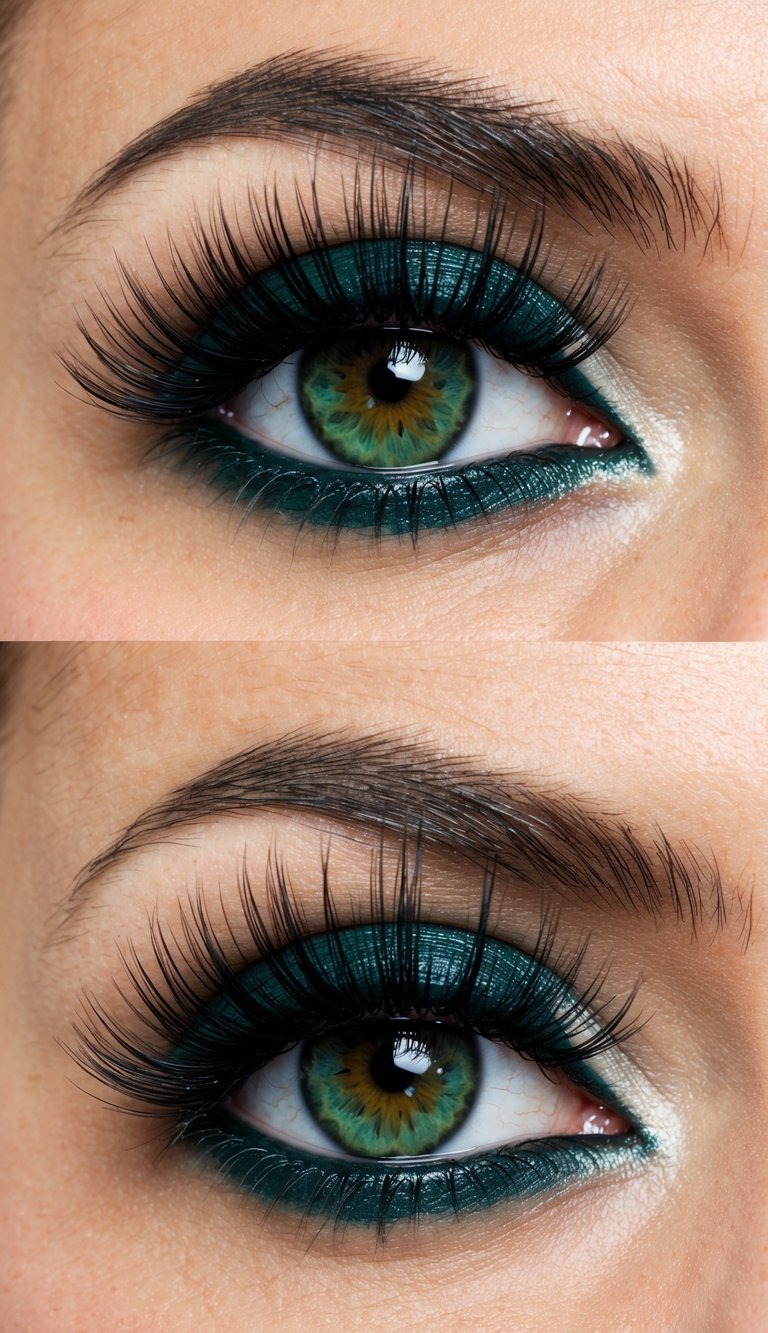 A close-up of a pair of striking green eyes with teal eyeliner, framed by long, dark lashes