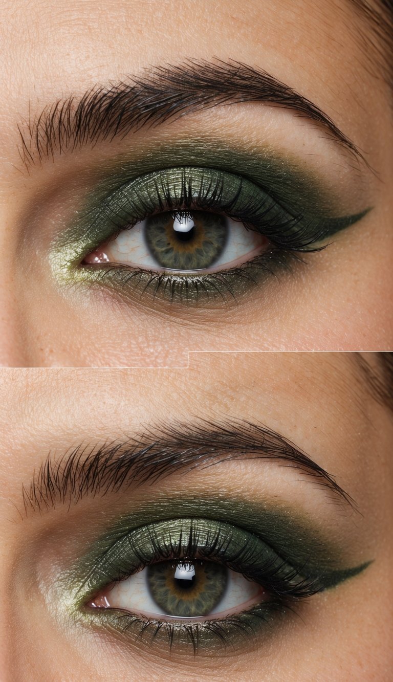 A close-up of a green eye with mossy crease eyeshadow and delicate shimmer on the lid