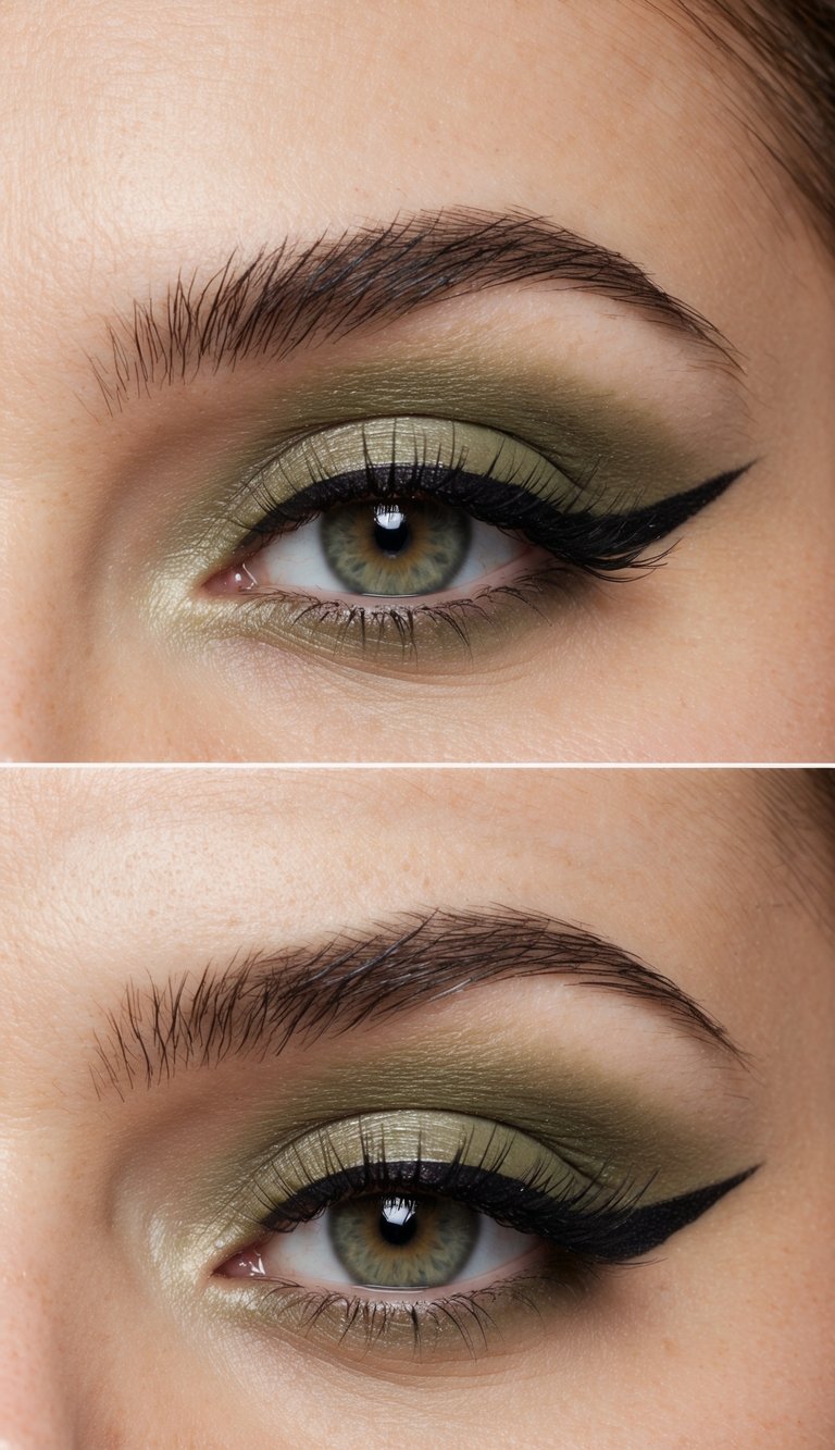 A close-up of a green-eyed model with khaki eyeshadow and bold eyeliner, showcasing the makeup look