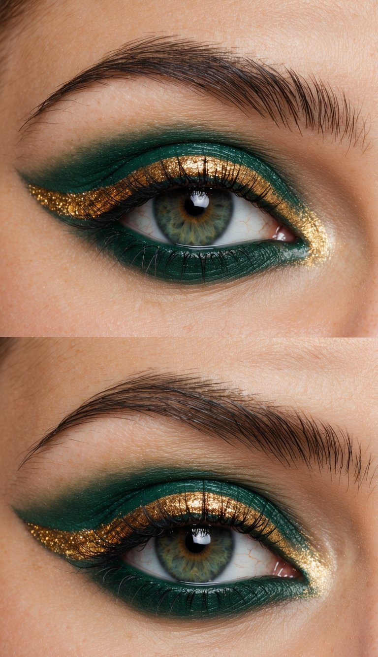 A close-up of a green eye with gilded eyeshadow on the brow bone