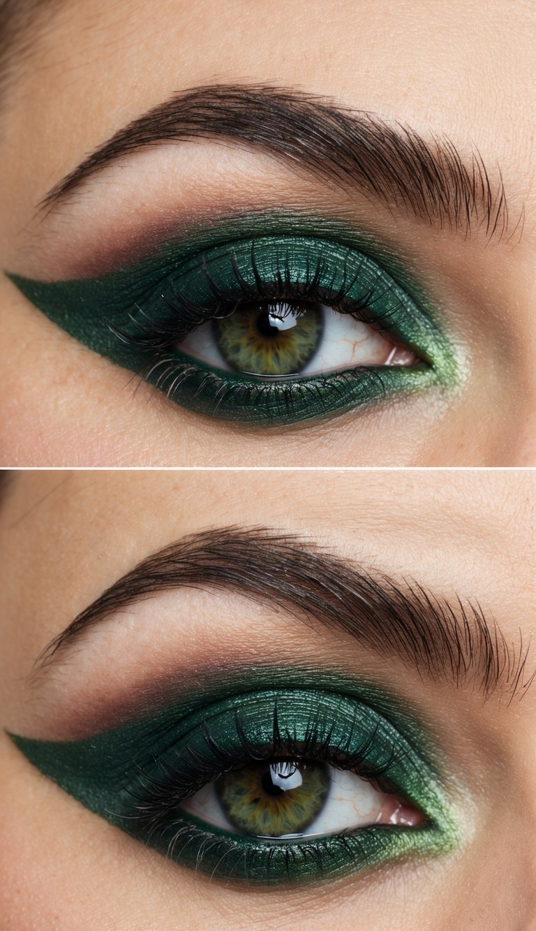 A close-up of green eye with mauve and moss eyeshadow blending seamlessly, creating a stunning and vibrant look