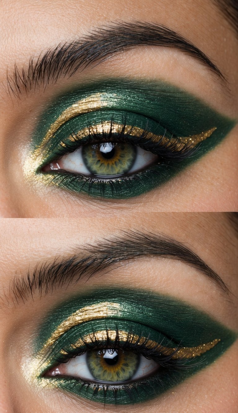 A close-up of a green eye with gold eyeshadow and flicks of gold eyeliner, creating a stunning and captivating makeup look