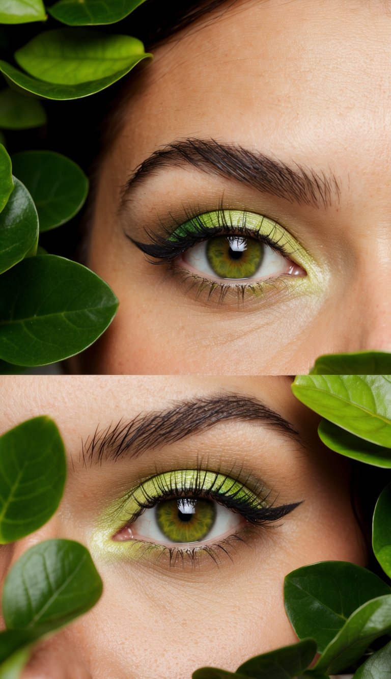 A close-up of a green eye with vibrant lime eyeshadow and delicate eyeliner, surrounded by lush foliage for a natural, fresh look
