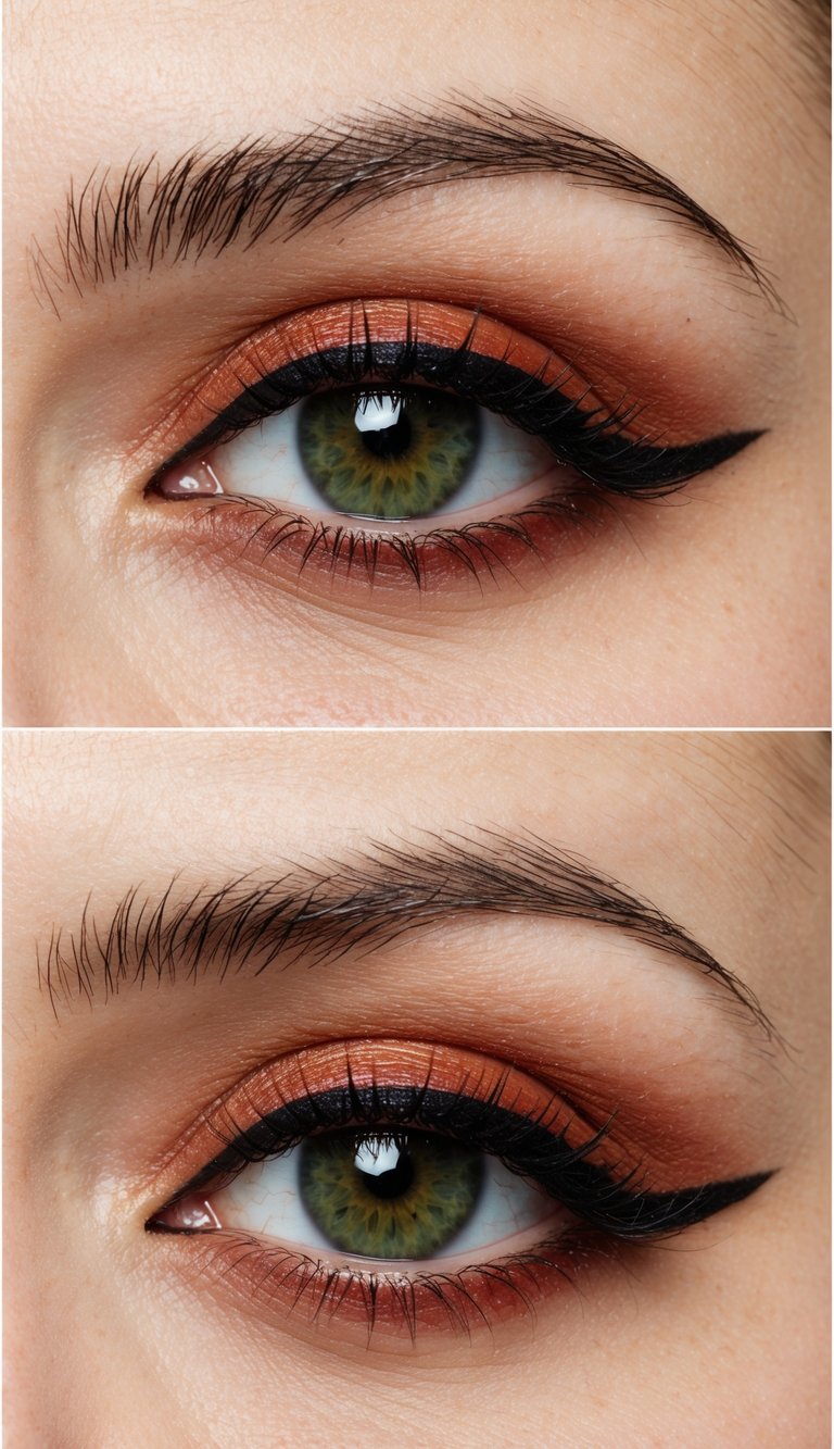 A close-up of green eyes with rust red eyeshadow and contrasting black eyeliner
