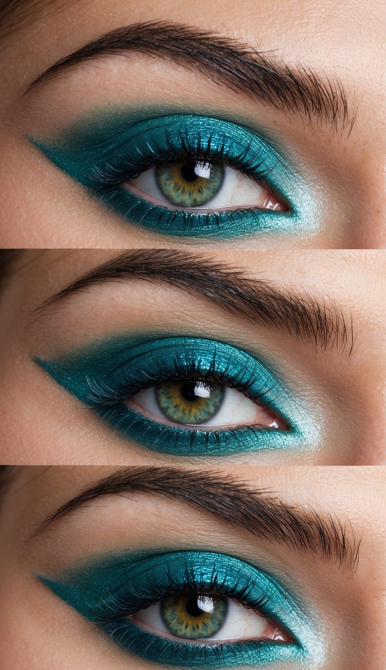 A close-up of green eyes with aqua ombre eyeshadow, highlighting the vibrant colors and blending technique