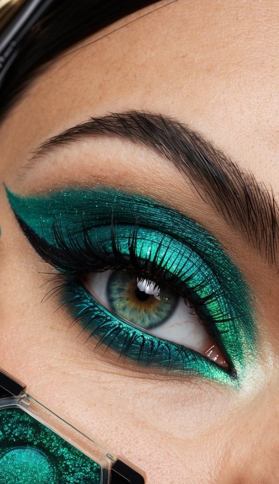 A close-up of vibrant green eyeshadow and eyeliner, with intricate details and shimmering accents, surrounded by a variety of makeup brushes and tools