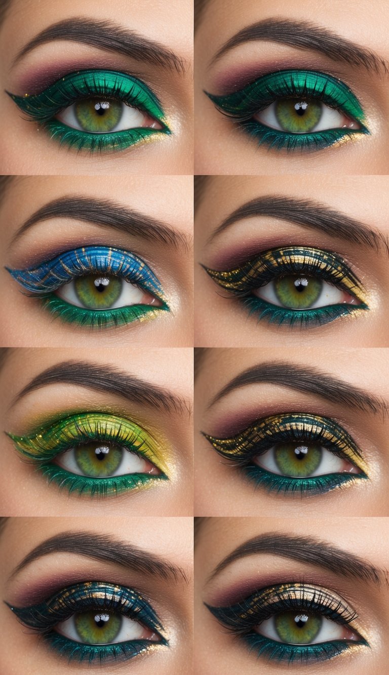 A close-up of vibrant green eyes with intricate and colorful eye makeup, showcasing various designs and styles