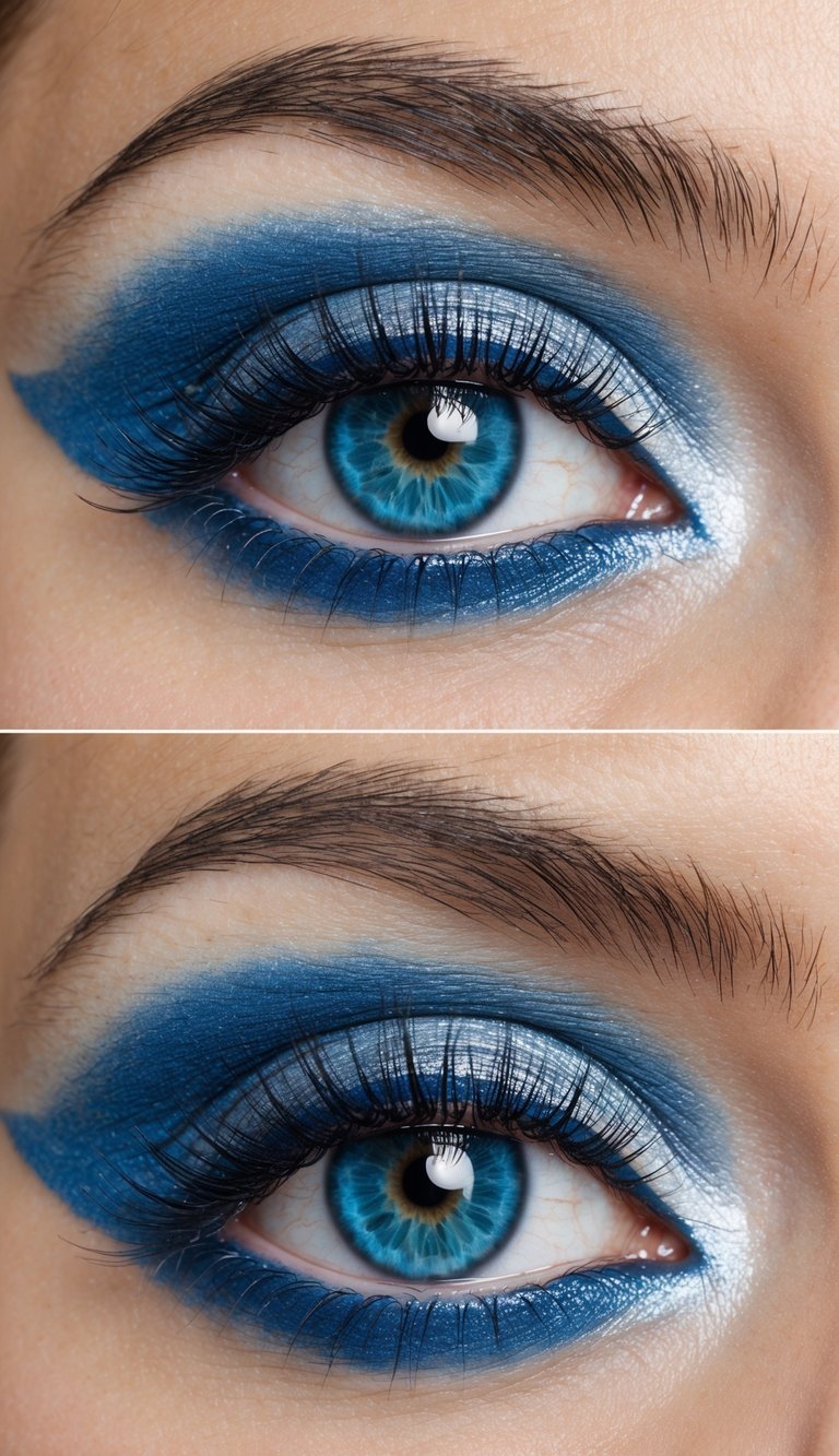 A close-up of a blue eye with bright white inner corners, surrounded by captivating eye makeup in shades of blue and silver