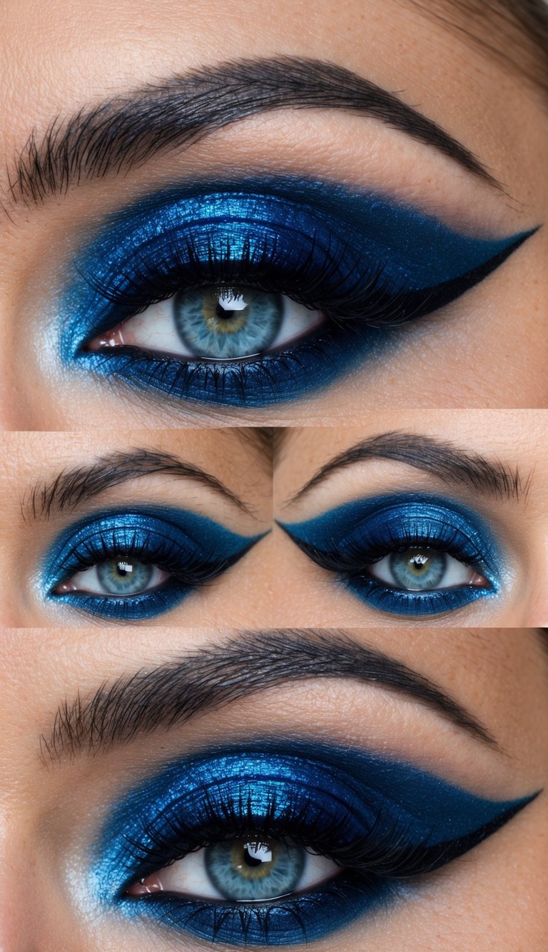 A close-up of a deep sapphire winged eye makeup look, with shimmering blue tones and bold eyeliner, creating a captivating and alluring effect for blue eyes