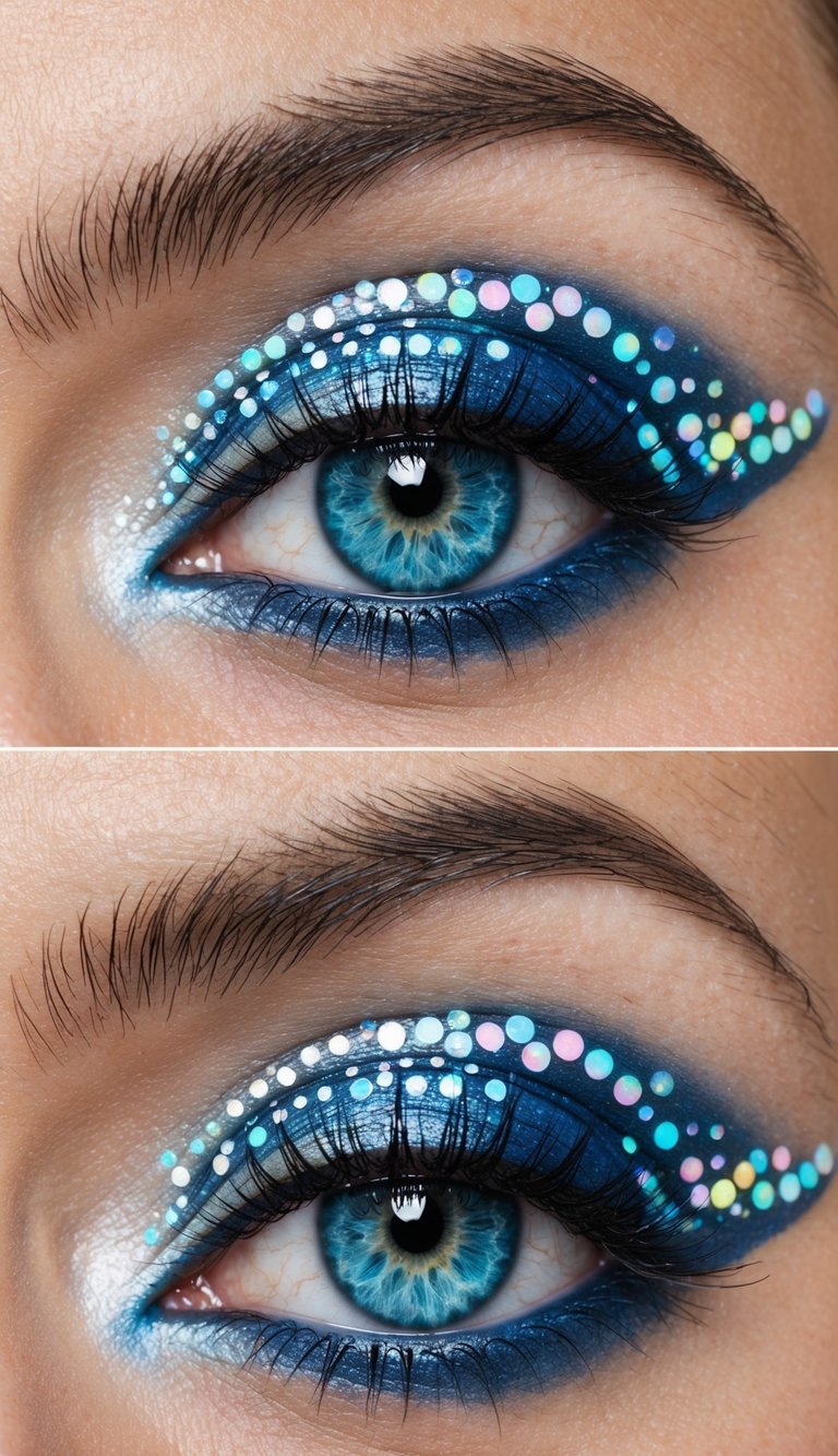 A close-up of blue eyes adorned with opalescent dots in various shades, creating a mesmerizing and captivating makeup look