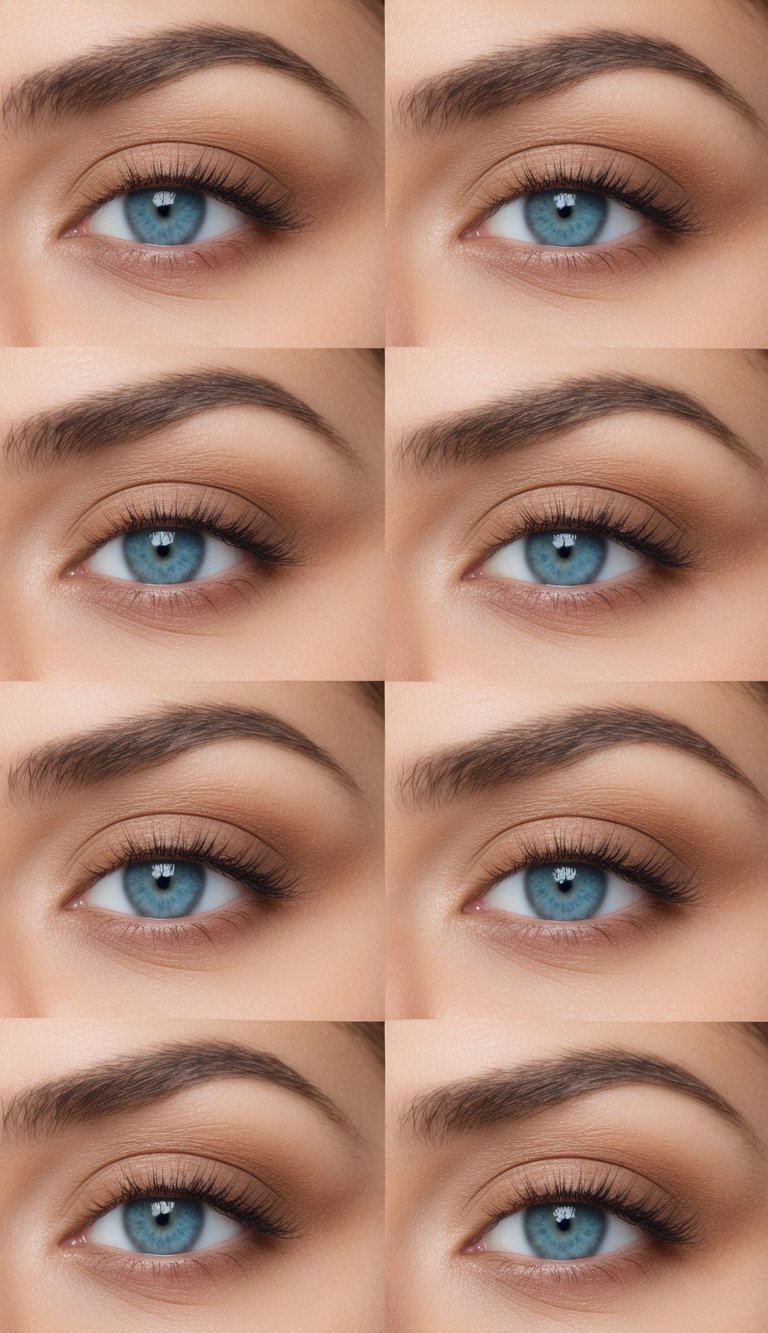 A close-up of blue eyes with sandy beige eye makeup, featuring various styles and techniques