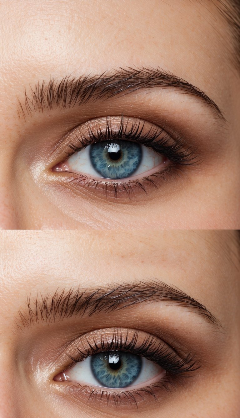 A close-up of blue eyes with a light mahogany blend eye makeup look, with a focus on the captivating and alluring color combination