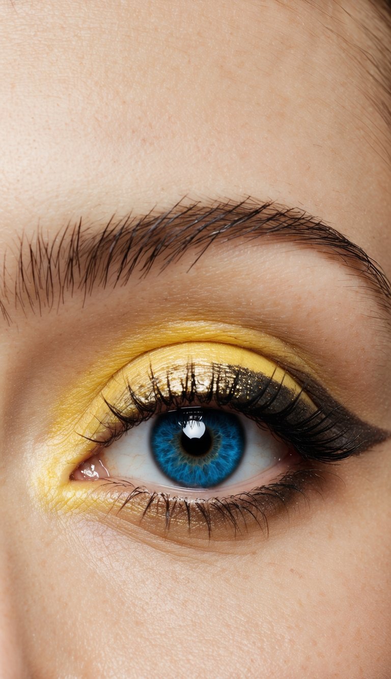 A close-up of a pair of bright blue eyes adorned with buttercup yellow eyeshadow, accented with shimmering gold and a touch of charcoal for a captivating look