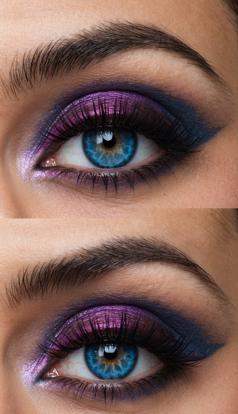 A close-up of vibrant blue eyes adorned with mystic maroon eye makeup, featuring intricate details and captivating color contrast