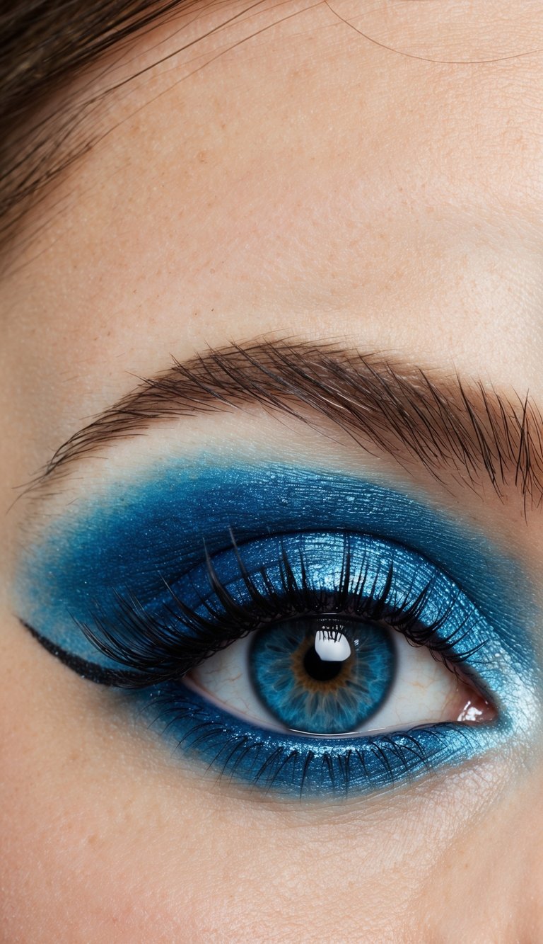 A close-up of a blue eye with shimmering eyeshadow and eyeliner, framed by long lashes and a defined brow