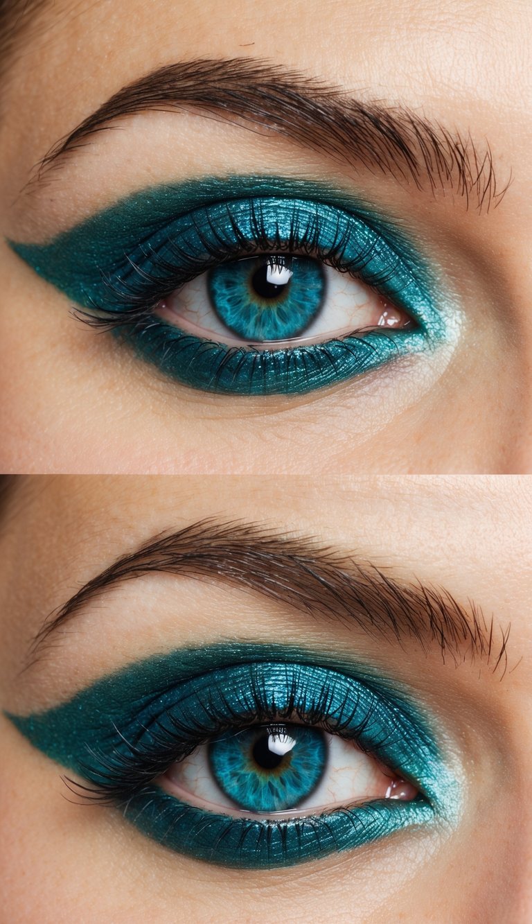 A close-up of a pair of vibrant blue eyes adorned with a shimmering teal eyeshadow, accented with a subtle twinge of patina green