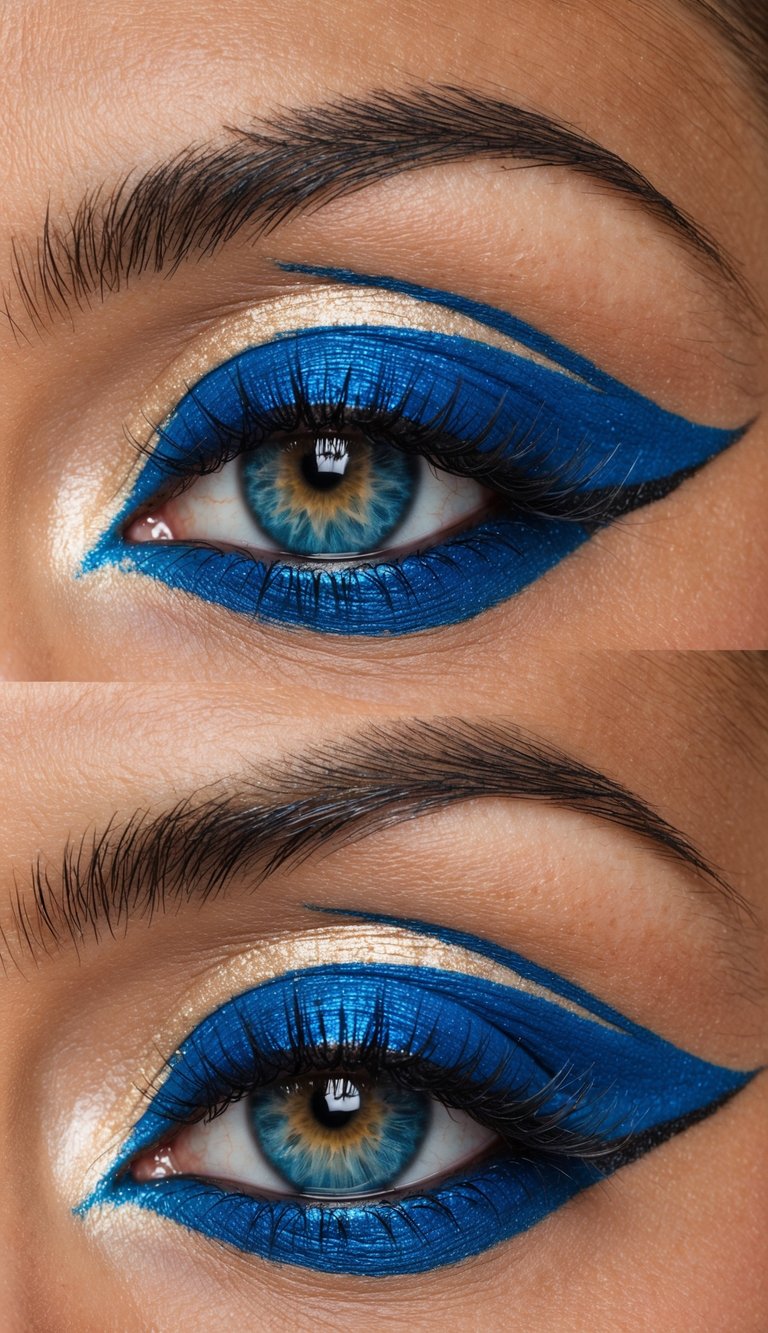 A close-up of vibrant blue eye makeup with a champagne glow pop, featuring intricate details and shimmering accents