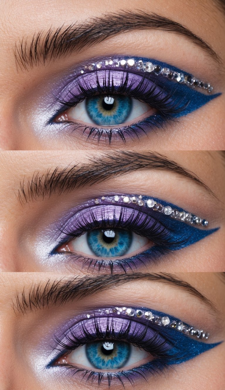 A close-up of vibrant blue eyes adorned with whimsical lavender-hued eye makeup, with intricate details and shimmering accents