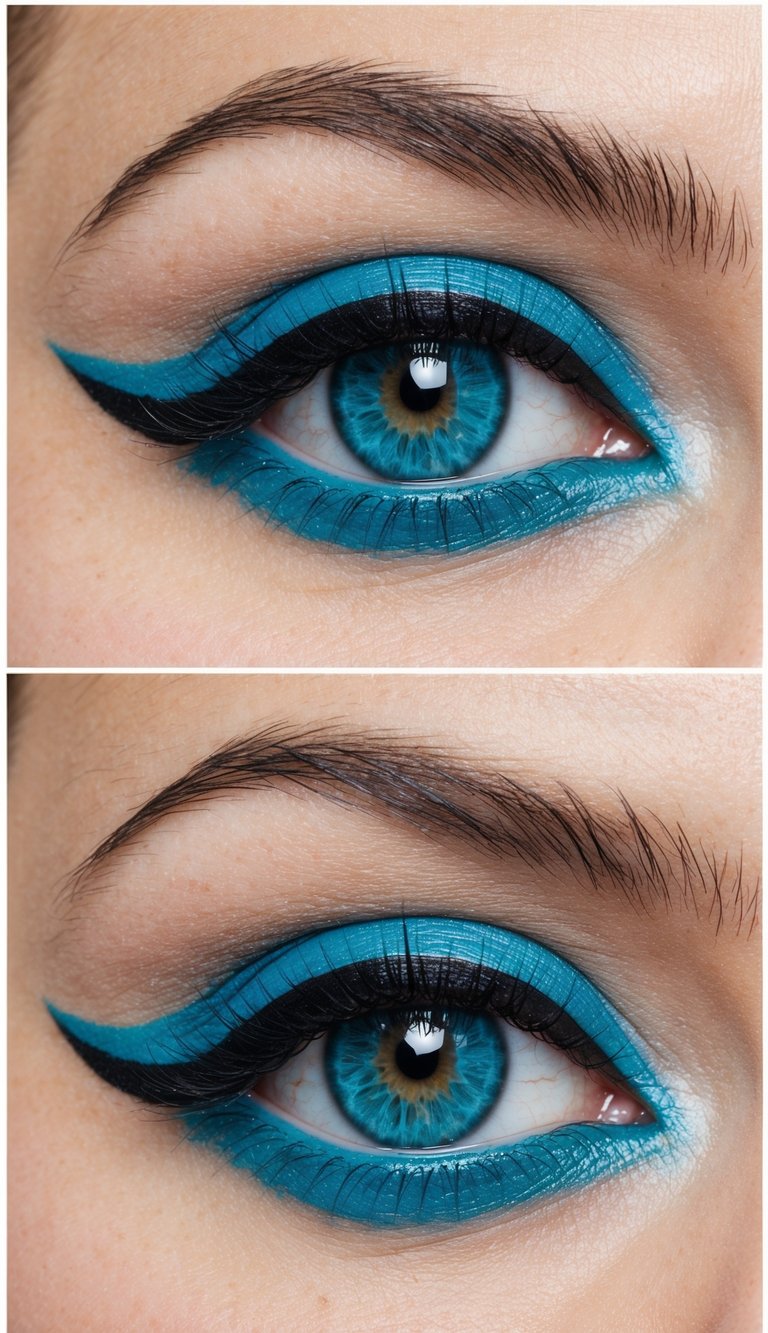 A close-up of a blue eye with a bold turquoise eyeliner edge, surrounded by soft, blended eyeshadow in complementary shades