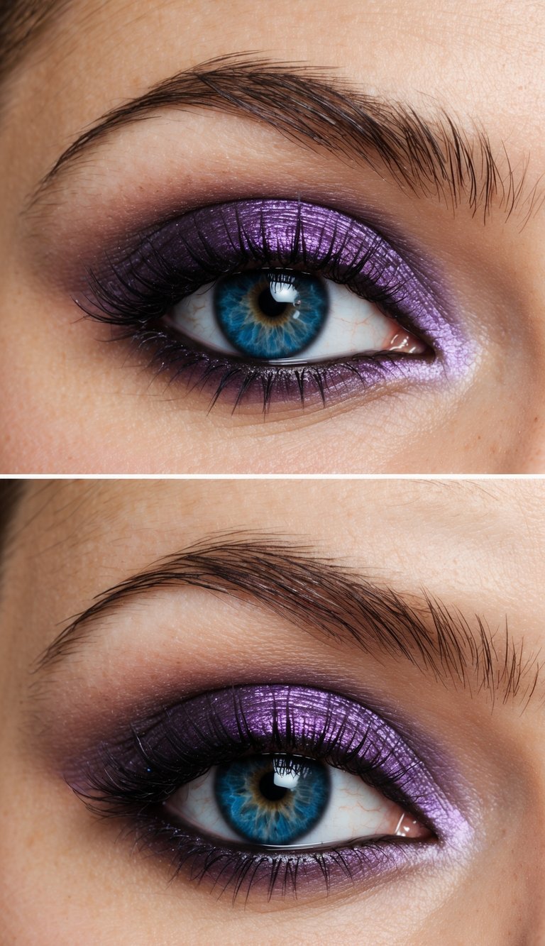 A close-up of a blue eye with velvet purple haze eyeshadow and shimmering highlights