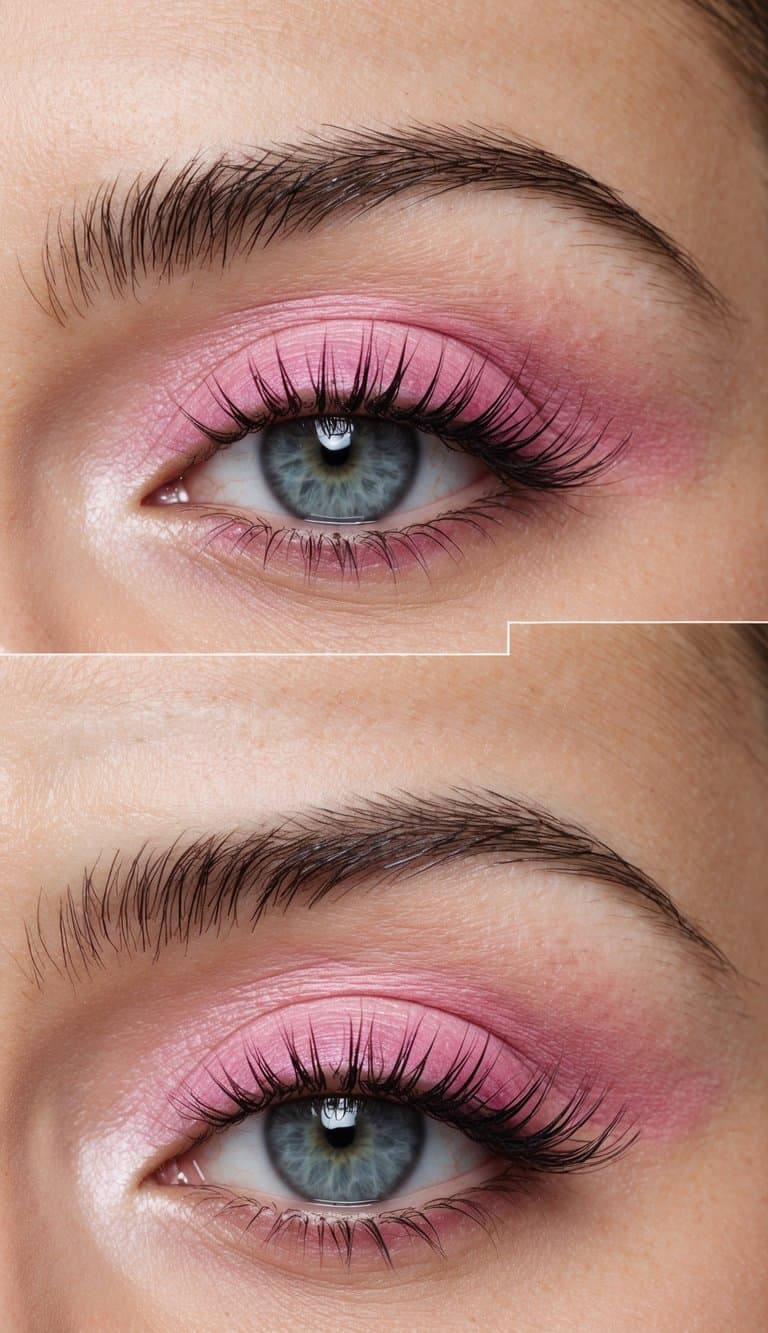 A close-up of a pair of eyelids with a gradient of pink eye makeup, resembling cotton candy ombre