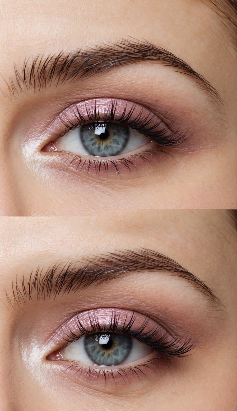 A close-up of an eye with soft pastel pink eyeshadow, accented with shimmer and a touch of sparkle