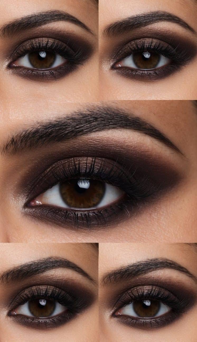 A close-up of a chocolate smoky eye with dark shadows and dramatic makeup