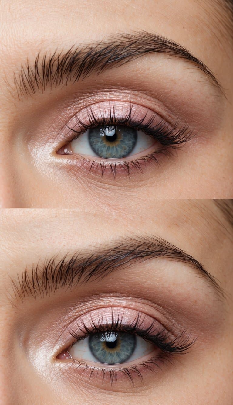 A close-up of a pair of eyes with soft pastel pink eyeshadow, accented with shimmer and delicate details