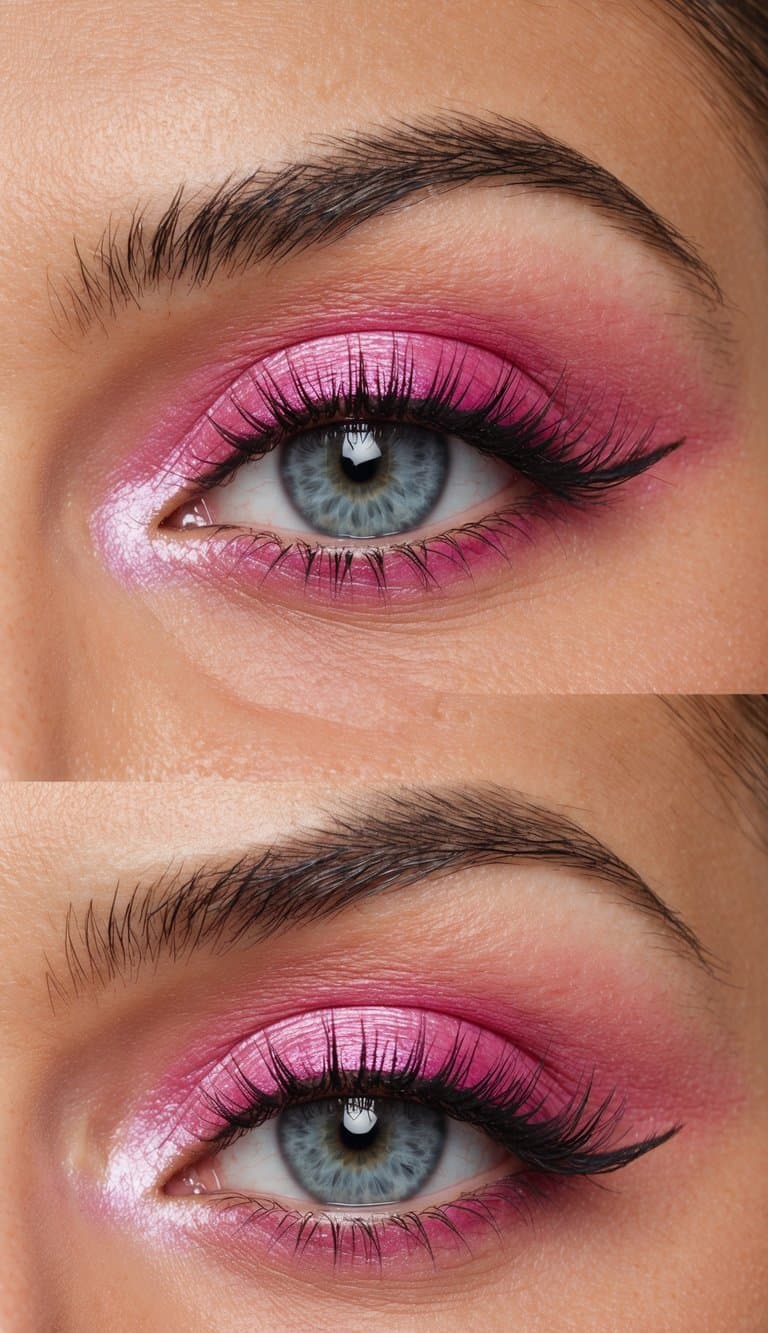 A close-up of a vibrant pink eye makeup look with soft pastel shades and shimmering accents