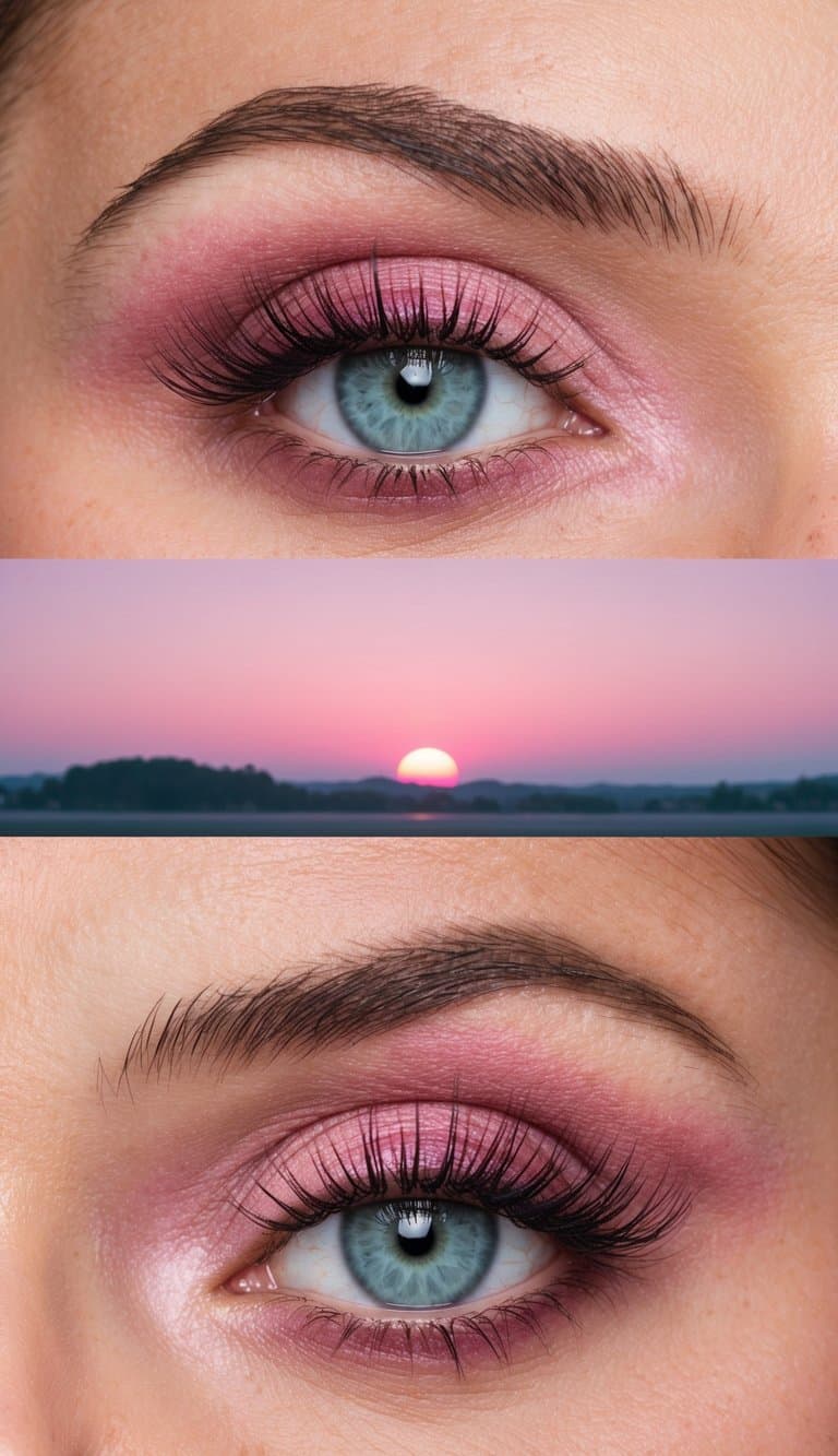 A tranquil pink sunset over a serene landscape, casting a soft pastel hue over the surroundings