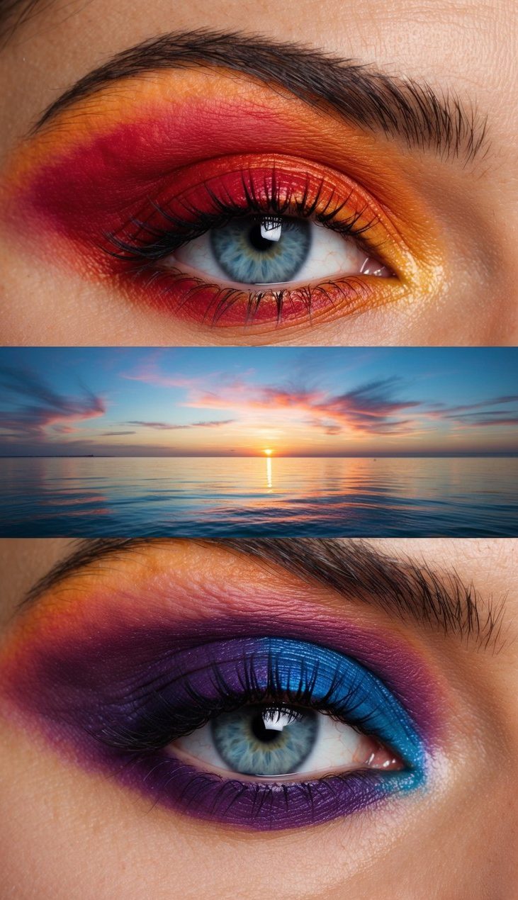 A vibrant sunset over a tranquil ocean, blending from fiery reds and oranges to deep purples and blues, creating a bold and daring ombre effect