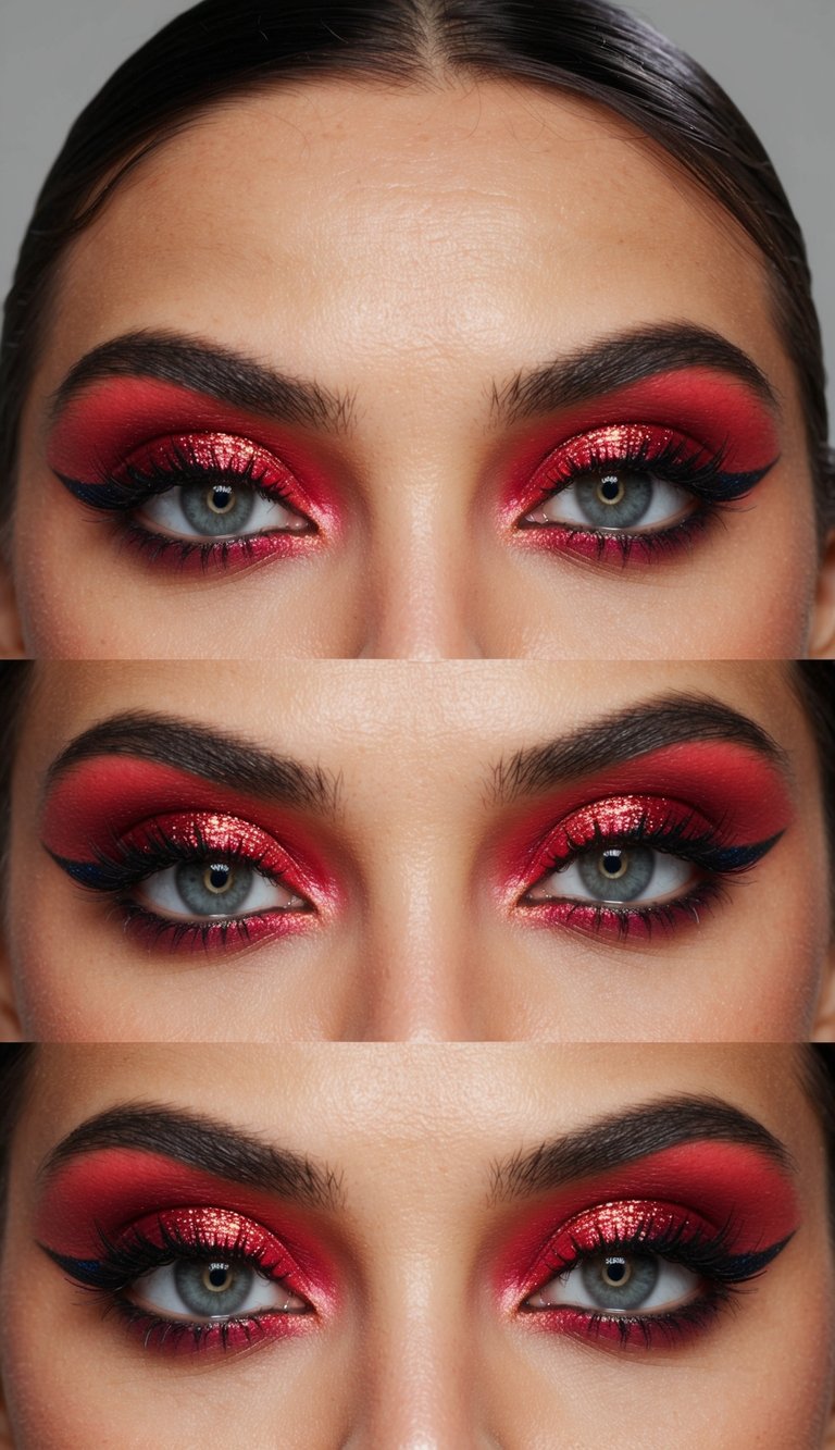 A close-up of a dramatic red eye makeup look with bold hues and glitter accents