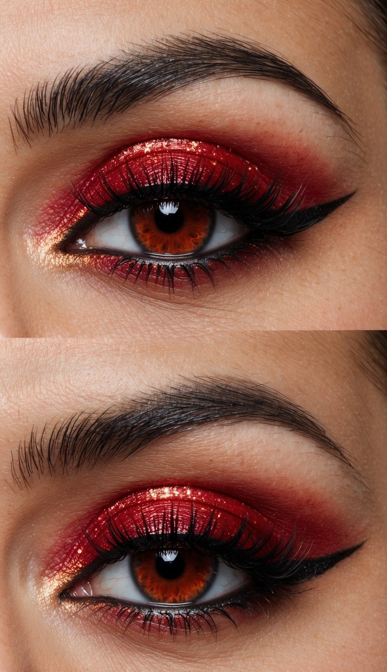 A bold red cat eye makeup look with dramatic hues and glitter