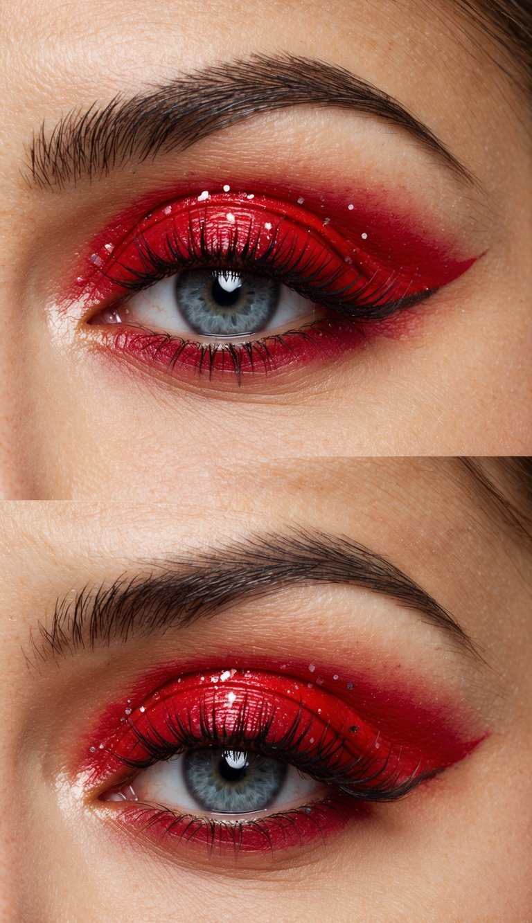 A close-up of vibrant red eye makeup with glitter accents