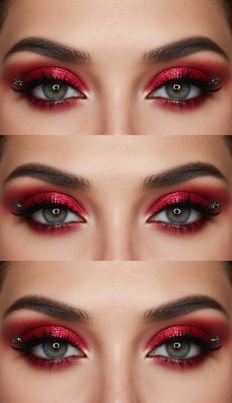 A close-up of a dramatic red eye makeup look with bold hues and glitter accents