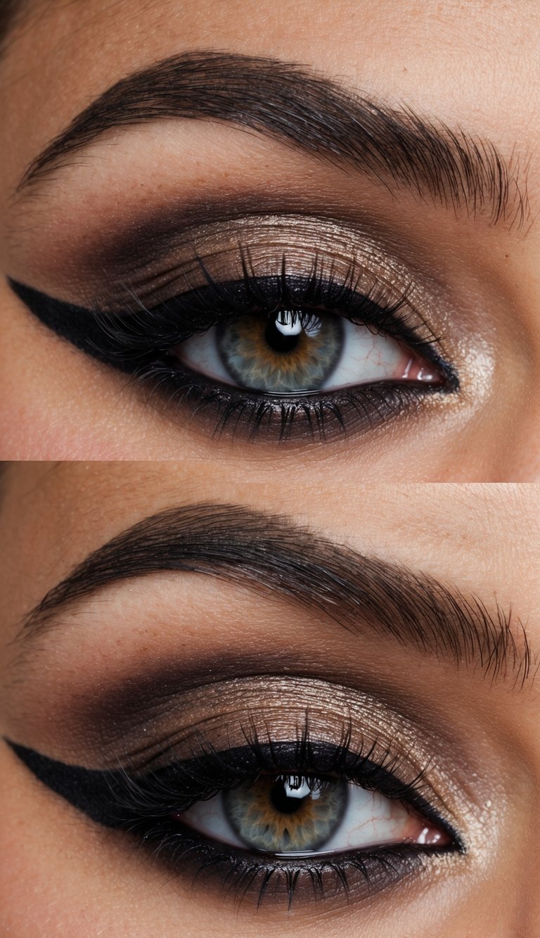 A close-up of a cat-eye flick eye makeup look with smoky and romantic tones