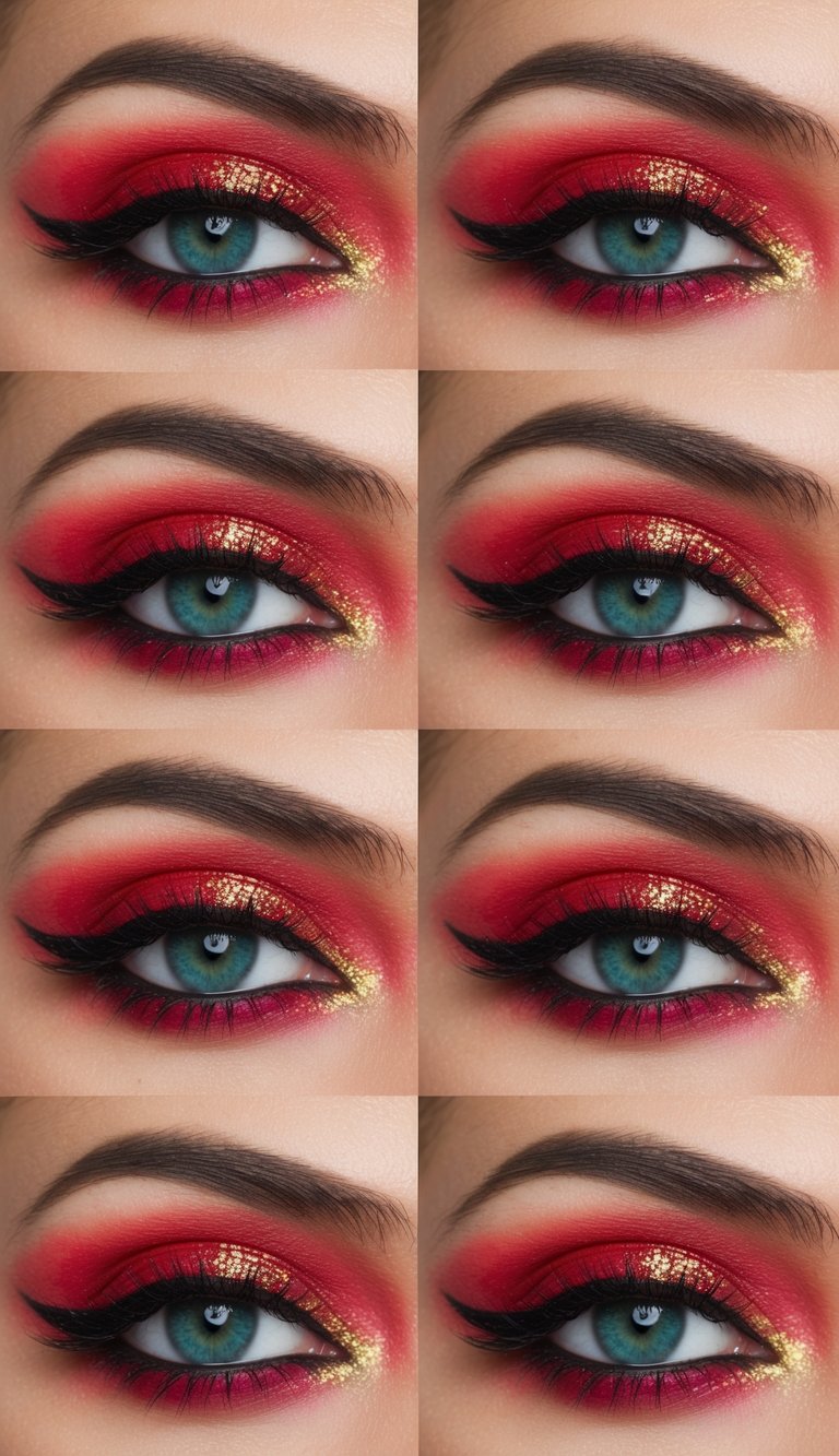 A vibrant red eye makeup look with bold and dramatic hues, accented with glitter for a festival vibe