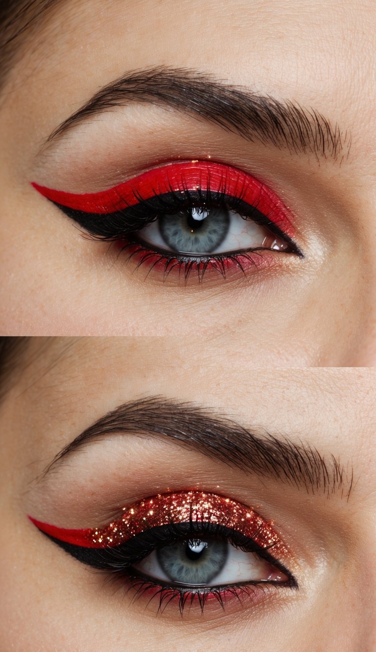 A close-up of a single eye with bold red liner and dramatic red eyeshadow, accented with glitter for a minimalistic yet striking look