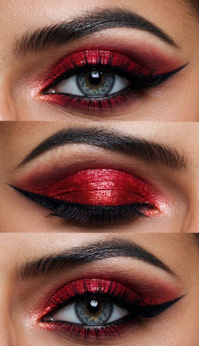 A close-up of a single eye with bold, crimson red makeup, featuring dramatic hues and glitter