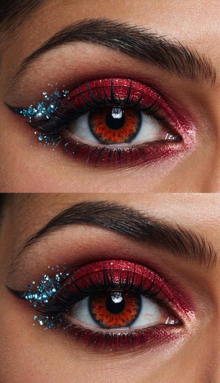 A deep red underwater scene with dramatic lighting and glittering accents