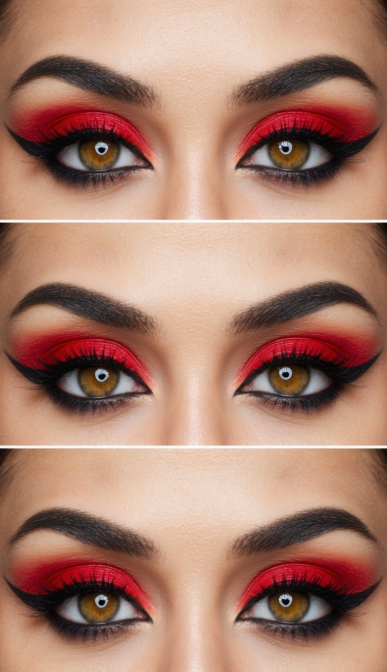 A pair of striking eyes adorned with bold red eye makeup, set against a backdrop of exotic Arabian Nights scenery