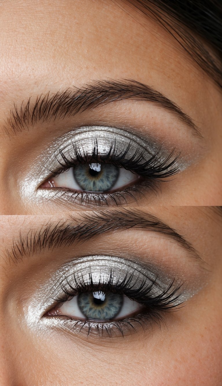 A close-up of a shimmering silver eyeshadow palette with soft, romantic lighting