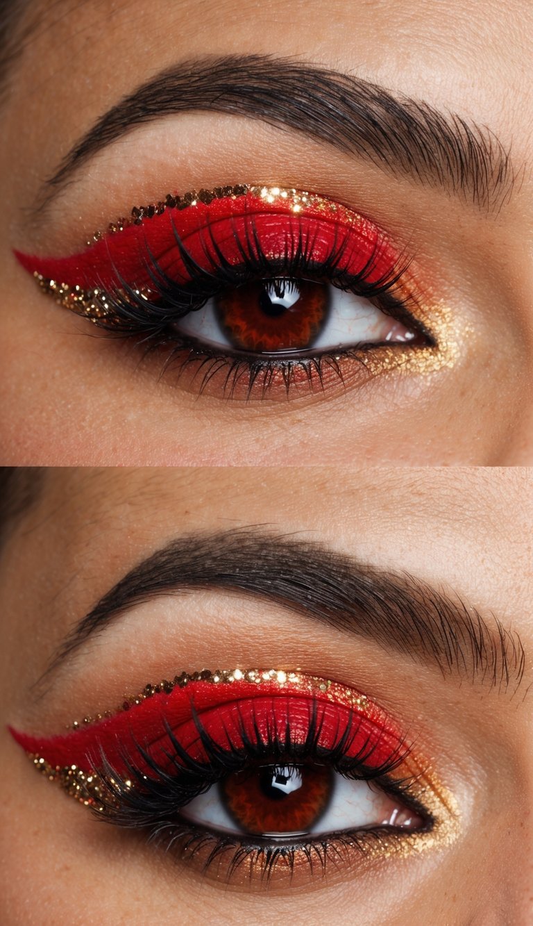 A close-up of a vibrant red and bronze eye makeup look with dramatic hues and glitter accents