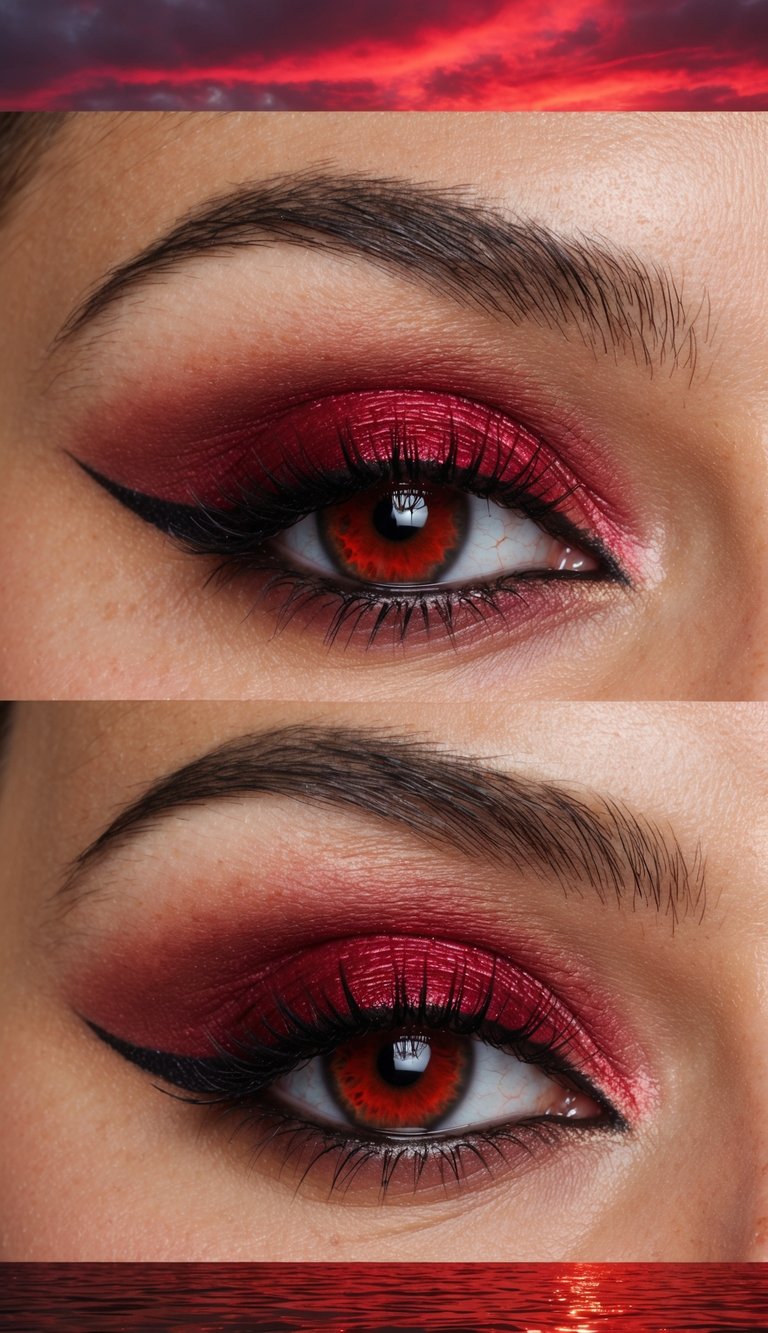 A crimson sky at dusk with shimmering red hues reflecting on water